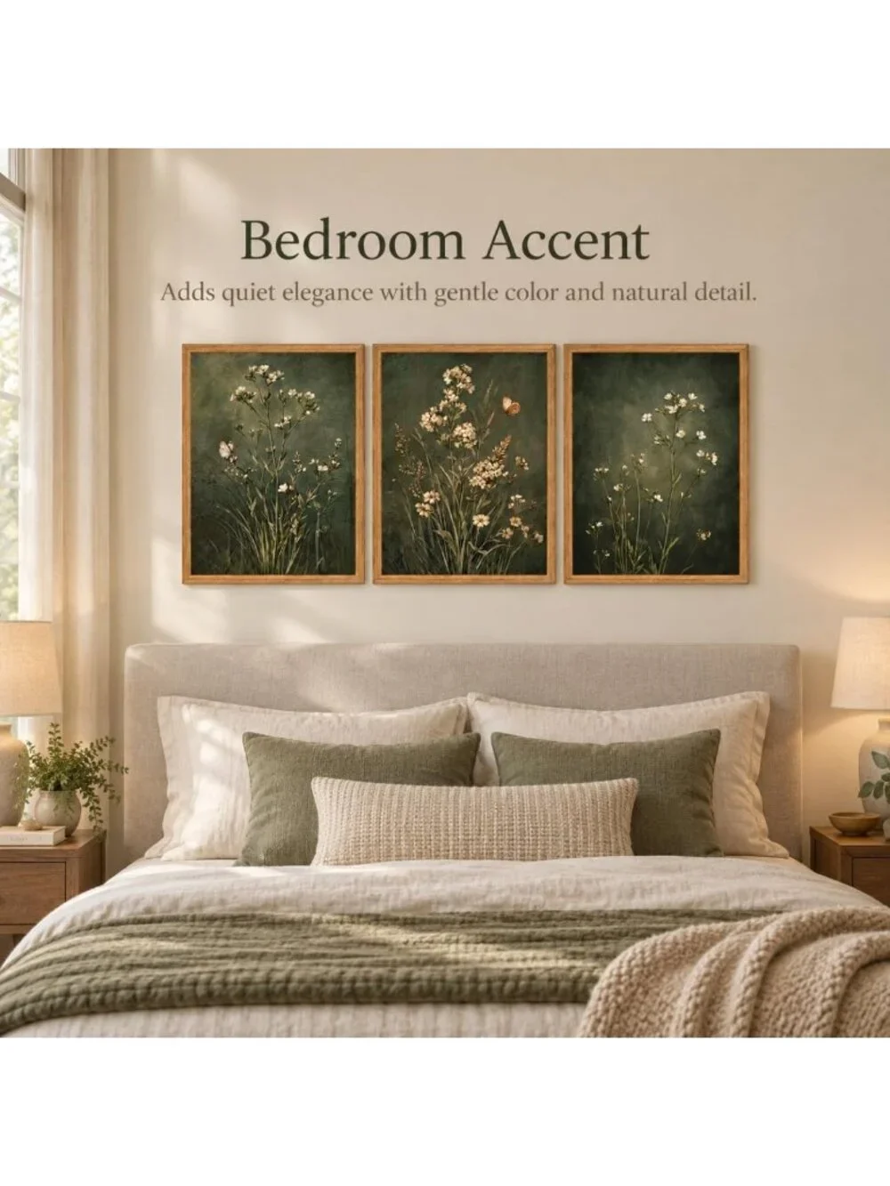 Vintage Floral Botanical Canvas Wall Art Set - 3 Framed Prints, Dark Green 16x12
